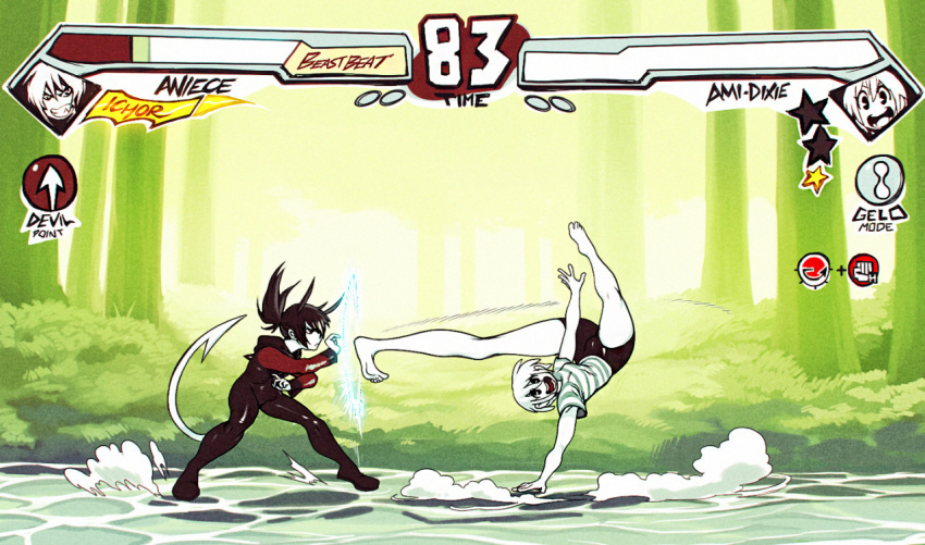 2girls ami_dixie aniece_(nitrotitan) bike_shorts blocking bodysuit character_name demon_girl demon_tail fake_screenshot fighting_game goo_girl health_bar horns kicking monster_girl multiple_girls nitrotitan original short_twintails striped t-shirt tail twintails upside-down