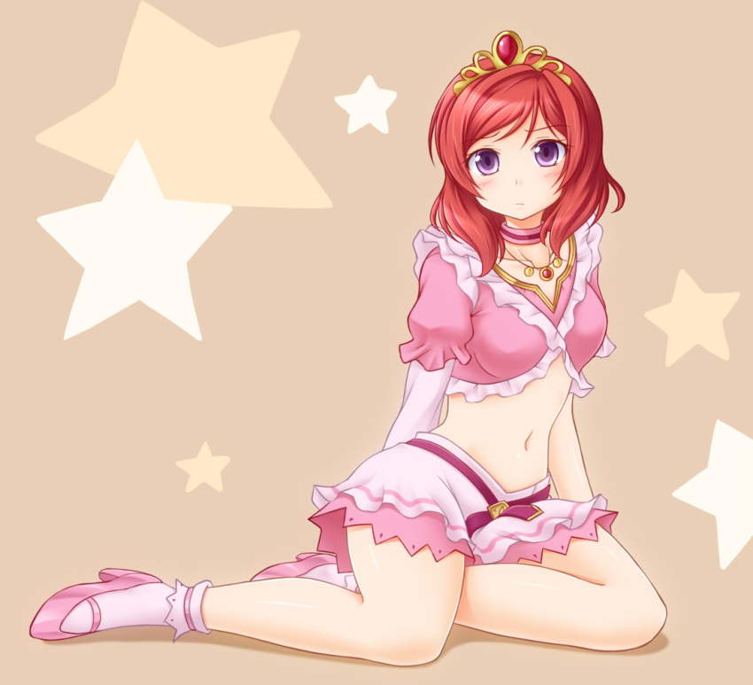 1girl choker crop_top high_heels jewelry looking_at_viewer love_live!_school_idol_project mary_janes midriff navel necklace nishikino_maki redhead shoes short_hair skirt socks solo star starry_background tiara utomo violet_eyes