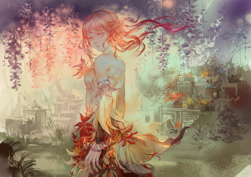1girl afra bare_shoulders colorful corsage detached_sleeves flower garden grass looking_at_viewer looking_back pink_eyes pink_hair pixiv_fantasia pixiv_fantasia_t plant potted_plant scenery solo tree wind
