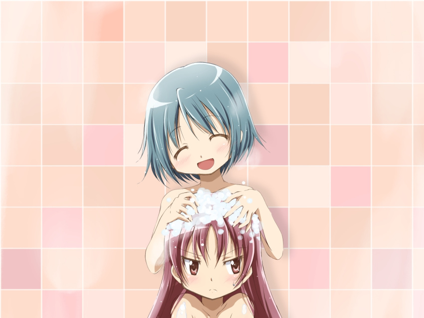 2girls bathing blue_hair closed_eyes highres kinfuji long_hair mahou_shoujo_madoka_magica miki_sayaka multiple_girls red_eyes redhead sakura_kyouko shampoo short_hair soap_bubbles