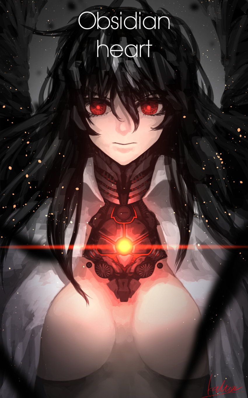 1girl black_hair breasts english feathers glowing glowing_eye highres kaitou0215 large_breasts looking_at_viewer no_bra open_clothes open_shirt red_eyes reiuji_utsuho shirt signature solo third_eye touhou upper_body