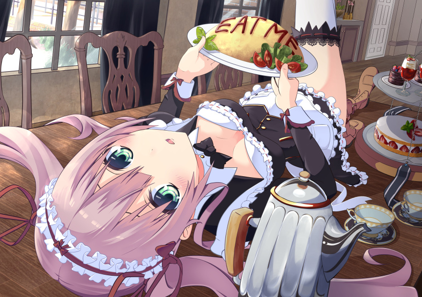 1girl bangs blush bow bowtie breasts breasts_apart cake chair cleavage cup curtains door downblouse dutch_angle english expressionless food food_writing frills fruit full_body green_eyes hair_between_eyes half_updo highres holding ice_cream indoors ketchup long_sleeves looking_at_viewer lying maid maid_headdress moe2015 omurice on_back on_table open_mouth original perspective pink_hair plate ribbon saucer shadow shoes short_hair short_hair_with_long_locks solo strawberry strawberry_shortcake sundae table tareme teacup teapot thigh-highs tiered_tray tomato tsukamoto_rinichirou twintails upside-down white_legwear window zettai_ryouiki