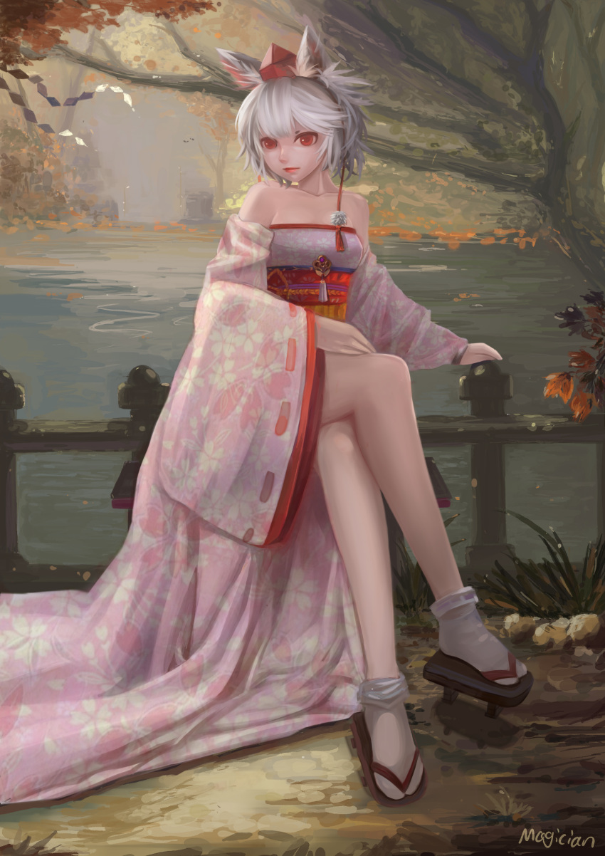 1girl alternate_costume animal_ears autumn_leaves bare_shoulders bobby_socks crossed_legs floral_print hand_on_leg highres inubashiri_momiji japanese_clothes kimono lips lipstick long_sleeves magician_(china) makeup obi red_eyes red_lips ribbon-trimmed_sleeves ribbon_trim sandals sash short_hair silver_hair sitting socks solo tail touhou tree tree_branch water white_legwear wide_sleeves wolf_ears wolf_tail