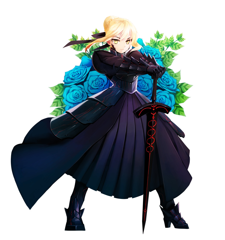 1girl absurdres armor armored_dress blonde_hair blue_rose dark_excalibur dress fate/stay_night fate_(series) flower gauntlets hair_bun hands_on_hilt highres mochaabx planted_sword planted_weapon rose saber saber_alter solo sword weapon yellow_eyes
