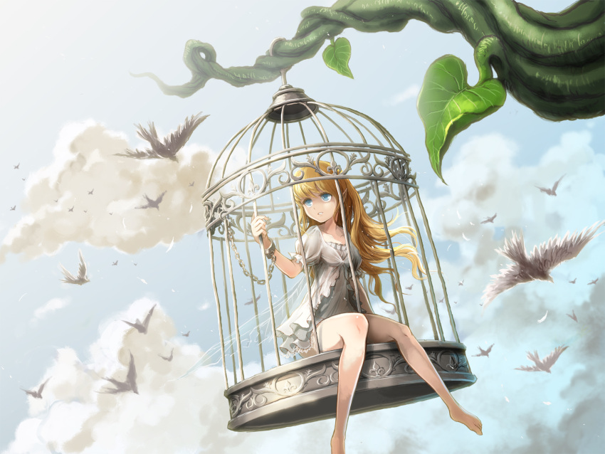 1girl bare_legs bird birdcage blonde_hair blue_eyes bound_wrists cage clouds cloudy_sky dress fairy fairy_wings highres leaf long_hair looking_away original pointy_ears sitting sky ume_(illegal_bible) vines white_dress wings