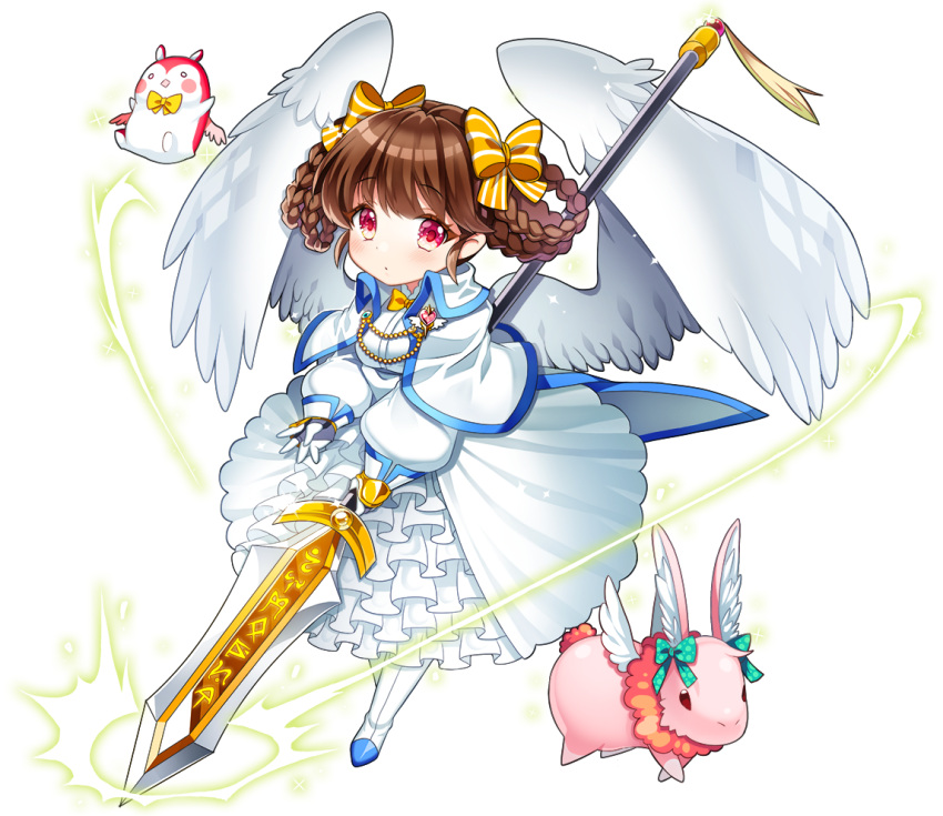 1girl animal blush boots bow brown_hair capelet full_body gloves hair_bow hair_rings holding holding_weapon o_o original polearm puchipu rabbit red_eyes striped striped_bow weapon white_background white_gloves white_wings wings