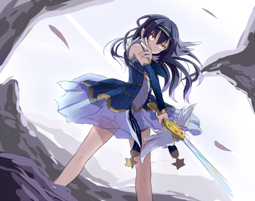1girl arm_warmers bare_legs blue_hair dress hand_on_own_shoulder looking_at_viewer love_live!_school_idol_project shikei_(jigglypuff) single_head_wing solo sonoda_umi sword weapon winged_hairband winged_sword yellow_eyes
