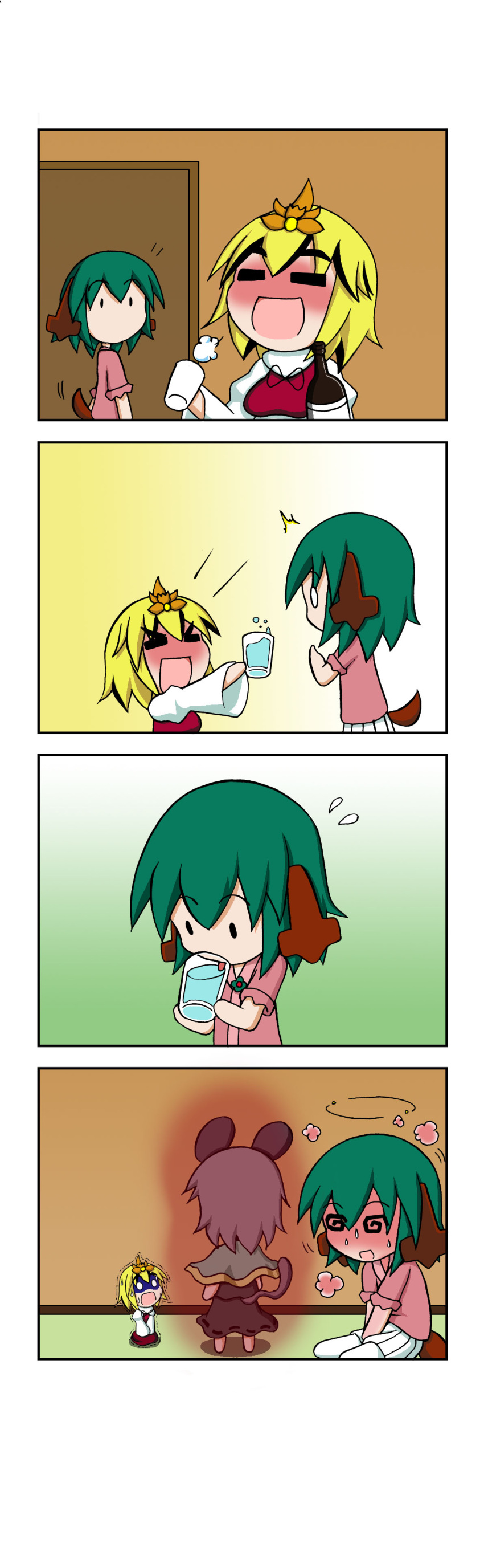 &gt;_&lt; ._. /\/\/\ 0_0 3girls 4koma =_= @_@ absurdres alcohol animal_ears aura blonde_hair blush capelet chibi comic dress drinking_glass drunk flying_sweatdrops full-face_blush gradient gradient_background green_hair grey_dress hair_ornament heavy_breathing highres kasodani_kyouko long_sleeves mouse_ears mouse_tail multicolored_hair multiple_girls nazrin o_o open_mouth rakugaki-biyori sake shirt sigh silent_comic size_difference skirt smile streaked_hair sweat tail tongue tongue_out toramaru_shou touhou trembling wide_sleeves wine_bottle