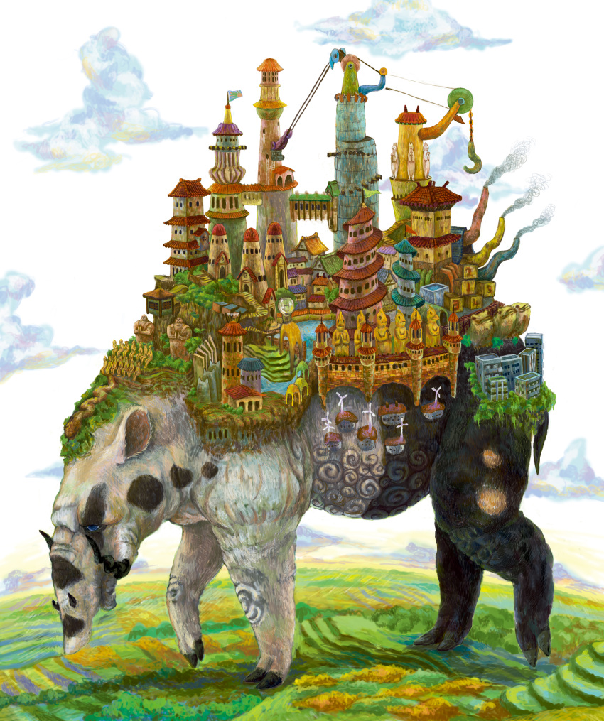 absurdres animal architecture blue_eyes building chimney city clouds crane east_asian_architecture flag highres monster original oversized_animal stairs statue tapir toufu_(inu_no_mayuge) tusks walking wind_turbine windmill