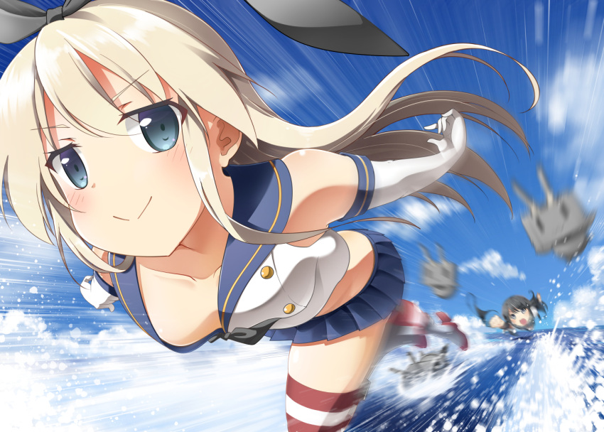 2girls :&gt; :d asashio_(kantai_collection) bell_(oppore_coppore) black_hair black_panties blonde_hair blue_eyes blush elbow_gloves gloves hairband holding holding_panties kantai_collection long_hair looking_at_viewer motion_blur multiple_girls open_mouth panties rensouhou-chan revision shimakaze_(kantai_collection) skirt smile striped striped_legwear thigh-highs underwear walking walking_on_water white_gloves