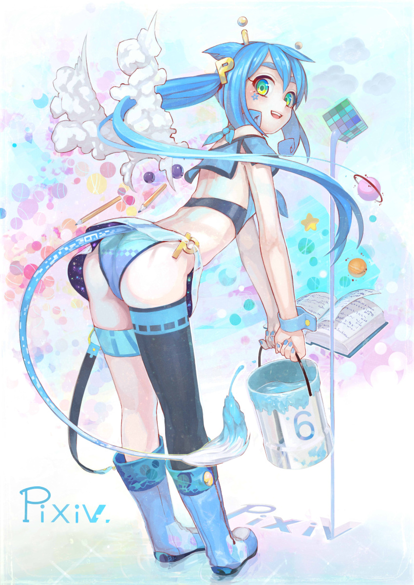1girl absurdres animal_ears asymmetrical_hair asymmetrical_legwear blue_boots blue_eyes blue_hair book boots hair_ornament highres jewelry looking_at_viewer mole moon paint_bucket pencil_skirt pixiv pixiv-tan planet ring rubik's_cube sachimaa skirt solo star tail thigh-highs twintails wings