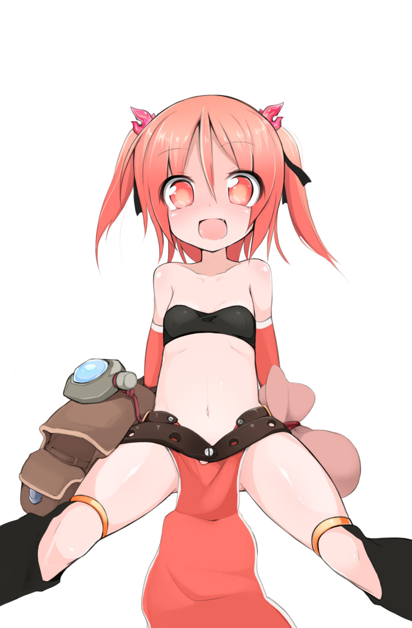 1girl boots copyright_name highres looking_at_viewer matuken1027 midriff navel open_mouth red_eyes redhead short_twintails sitting skirt smile solo tubetop twintails