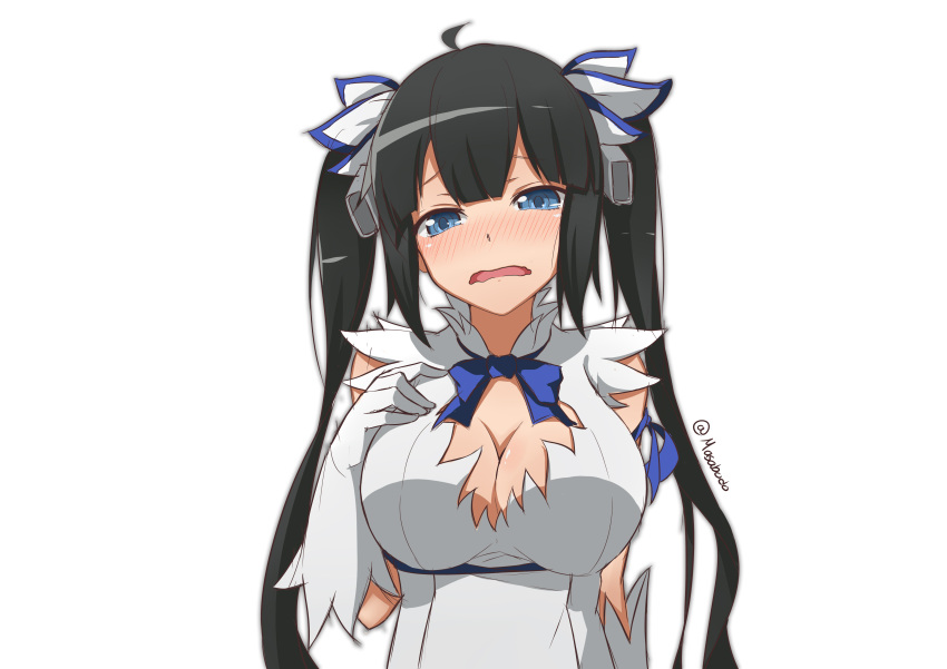 1girl absurdres black_hair blue_eyes blush breasts cleavage dungeon_ni_deai_wo_motomeru_no_wa_machigatteiru_darou_ka gloves hair_ribbon hestia_(danmachi) highres large_breasts long_hair looking_at_viewer masabodo rei_no_himo ribbon simple_background twintails twitter_username white_background white_gloves