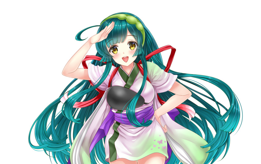 1girl ahoge blush green_hair hairband japanese_clothes long_hair looking_at_viewer moyon muneate open_mouth salute smile solo touhoku_zunko very_long_hair vocaloid yellow_eyes