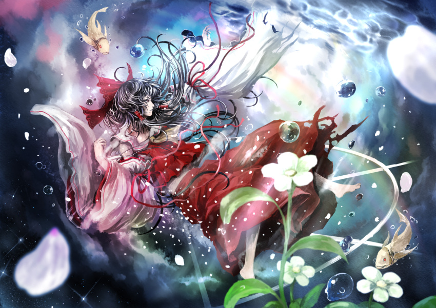 1girl air_bubble ascot barefoot black_hair bow chama_(painter) detached_sleeves facing_away fish flower frown gradient gradient_background hair_bow hair_tubes hakurei_reimu leaf long_hair looking_up multicolored_hair outstretched_hand parted_lips petals profile red_eyes ribbon-trimmed_sleeves ribbon_trim sinking skirt skirt_set solo sparkle streaked_hair touhou underwater