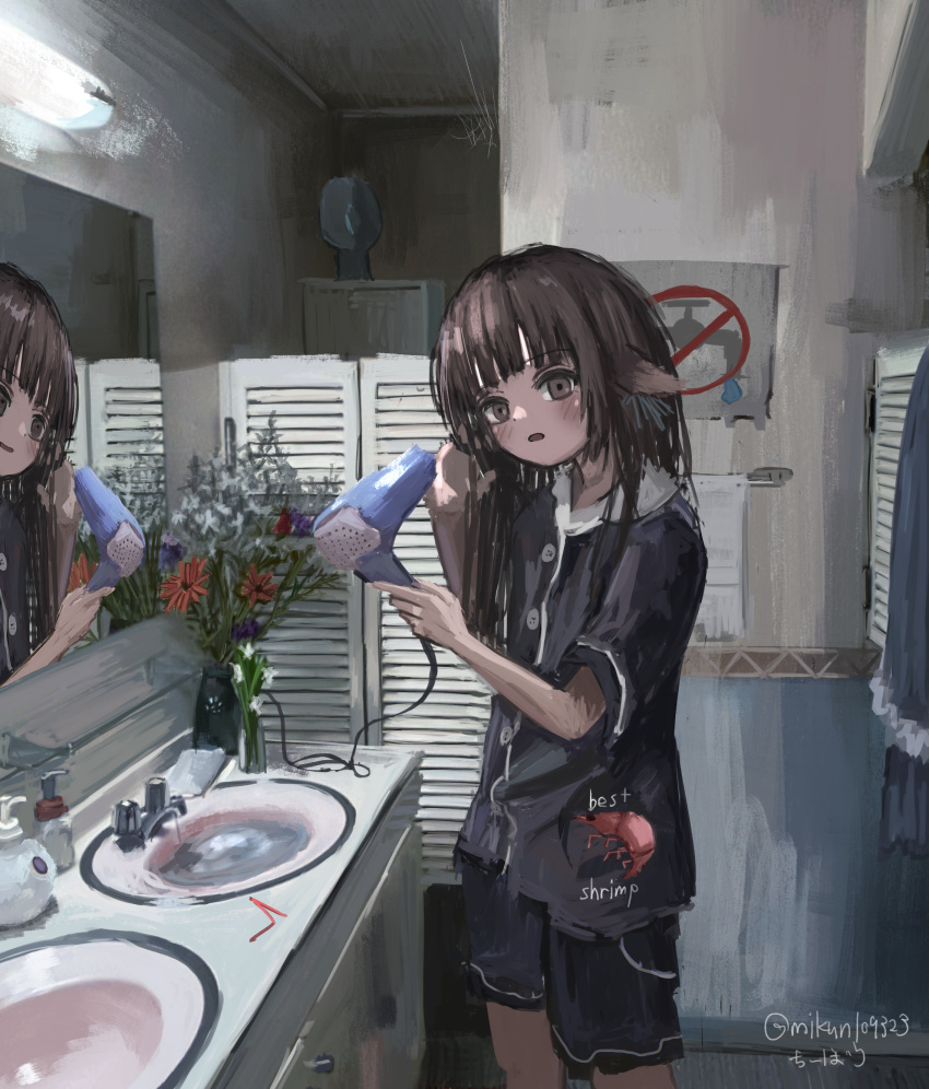 1girl absurdres bathroom blush brown_eyes brown_hair drying drying_hair faucet flower hair_dryer highres holding holding_hair_dryer long_hair looking_at_viewer mikun109323 mirror original shirt shorts shrimp shrimp_print sink soap soap_bottle towel