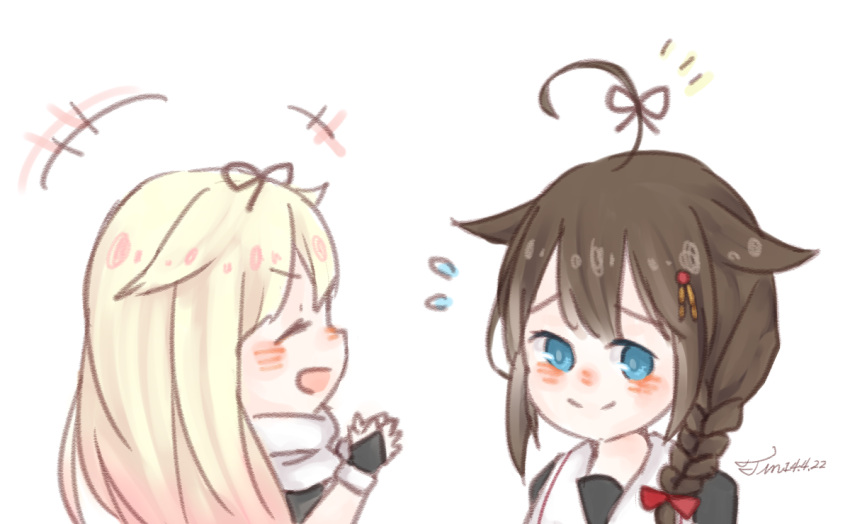 2girls ahoge artist_request blonde_hair blue_eyes blush braid brown_hair fingerless_gloves flying_sweatdrops gloves gradient_hair hair_flaps hair_ornament hair_over_shoulder hair_ribbon kantai_collection multicolored_hair multiple_girls remodel_(kantai_collection) ribbon shigure_(kantai_collection) signature single_braid smile yuudachi_(kantai_collection)