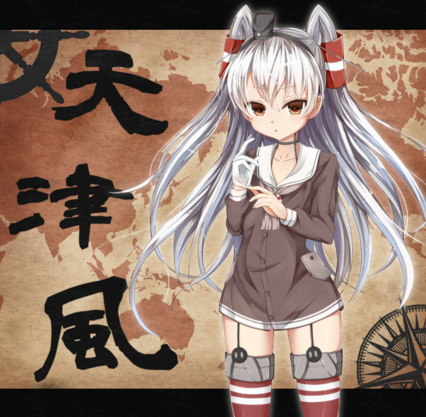1girl adjusting_clothes adjusting_gloves amatsukaze_(kantai_collection) brown_eyes character_name choker collarbone cowboy_shot garter_straps gloves hair_tubes headgear highres kantai_collection kyuupura long_hair long_sleeves looking_at_viewer map neckerchief red_legwear sailor_collar sailor_dress silver_hair single_glove solo striped striped_legwear thigh-highs triangle_mouth two_side_up white_gloves