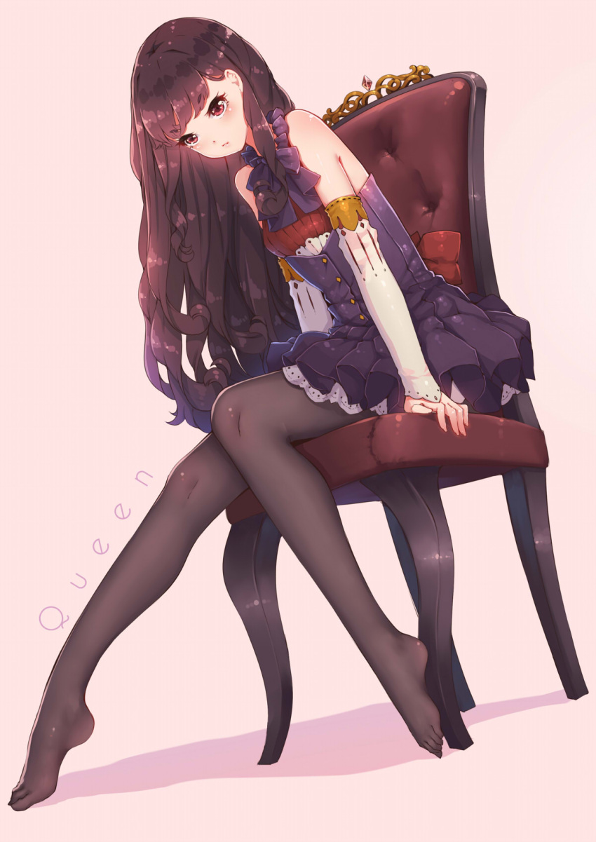 1girl bare_shoulders black_hair black_legwear brown_eyes chair detached_sleeves dress english fangxiang_cuoluan highres long_hair looking_at_viewer no_shoes original pantyhose pink_background sitting solo