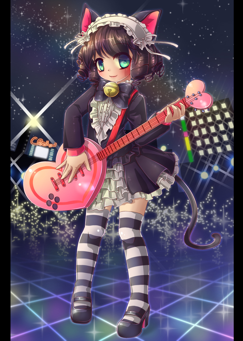 animal_ears aqua_eyes bell black_hair bowtie cat_ears cat_tail checkered checkered_floor cyan_(show_by_rock!!) dress drill_hair frilled_dress frills hairband heart_guitar high_heels highres instrument jingle_bell kakiikada layered_dress light_particles lolita_hairband looking_at_viewer mary_janes neon_lights pillarboxed shoes short_hair show_by_rock!! sky smile spotlight star_(sky) starry_sky striped striped_legwear tail thigh-highs