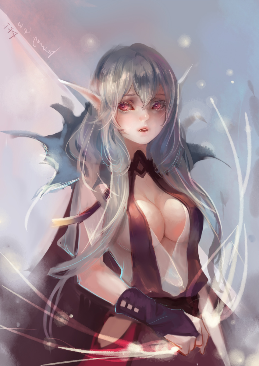 1girl absurdres breasts bridal_gauntlets cleavage cleavage_cutout highres kamachi_kamachi-ko large_breasts long_hair looking_at_viewer no_bra parted_lips pink_eyes pixiv_fantasia pixiv_fantasia_t pointy_ears see-through shirt silver_hair skirt solo very_long_hair vest