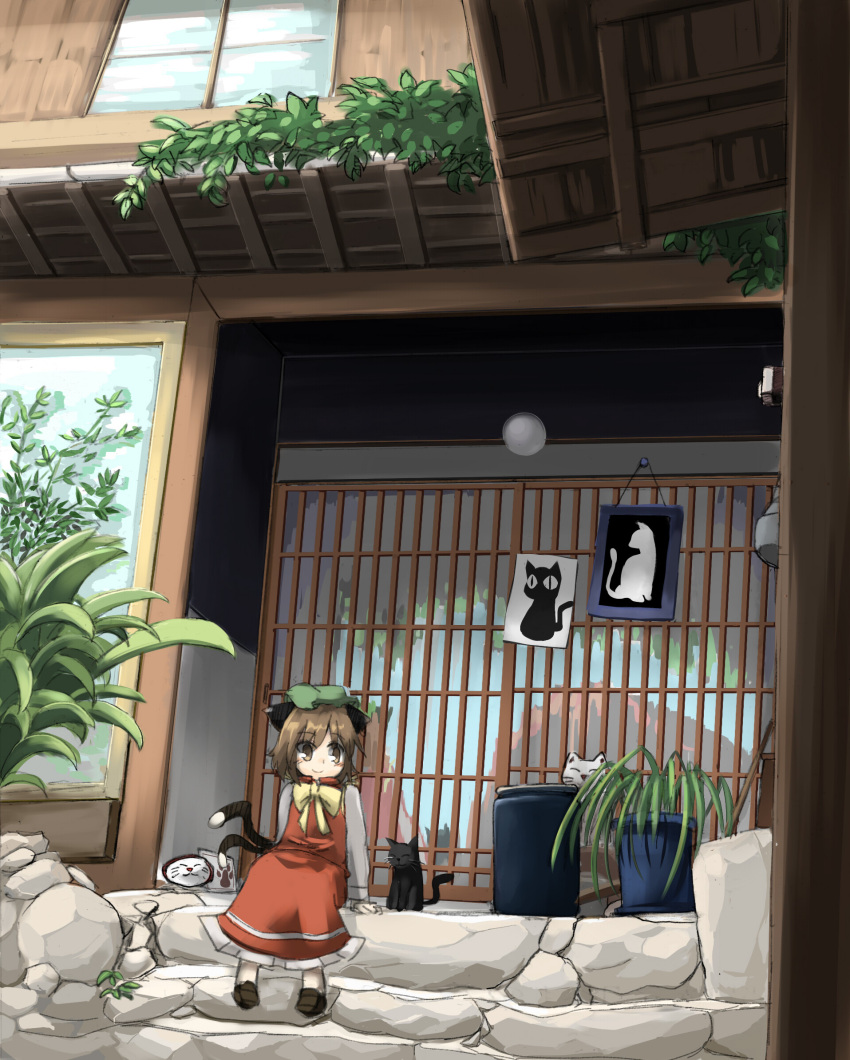 1girl animal_ears bow brown_eyes brown_hair cat cat_ears chen door dress highres house kibisake long_sleeves mob_cap multiple_tails nekomata plant potted_plant red_dress shirt sitting solo tail touhou