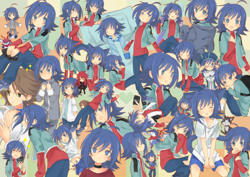 1boy ahoge bear_(artist) blue_eyes blue_hair blush cardfight!!_vanguard collage highres male_focus sendou_aichi short_hair solo_focus