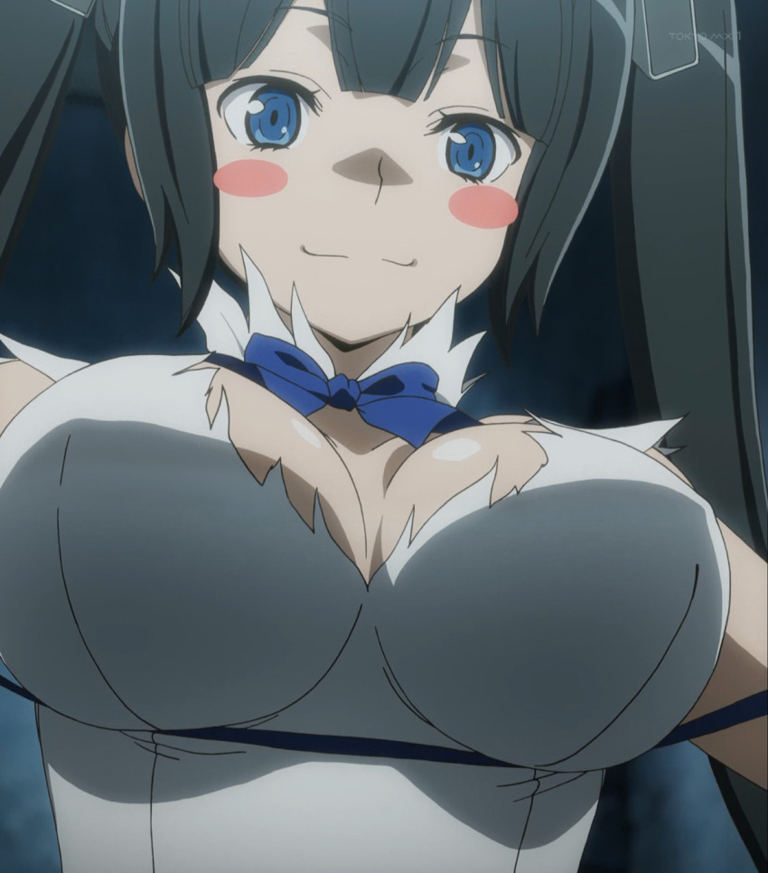 1girl black_hair blue_eyes blue_ribbon blush_stickers breasts cleavage dungeon_ni_deai_wo_motomeru_no_wa_machigatteiru_darou_ka hestia_(danmachi) highres large_breasts rei_no_himo ribbon screencap twintails