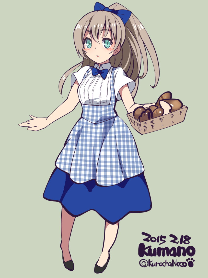 1girl 2015 aqua_eyes basket blue_bow blush bow bowtie bread brown_hair character_name dated dress food full_body gingham green_background hair_bow highres kantai_collection koubeya_uniform kumano_(kantai_collection) kuro_chairo_no_neko long_hair open_mouth paw_print plaid ponytail short_sleeves simple_background solo twitter_username