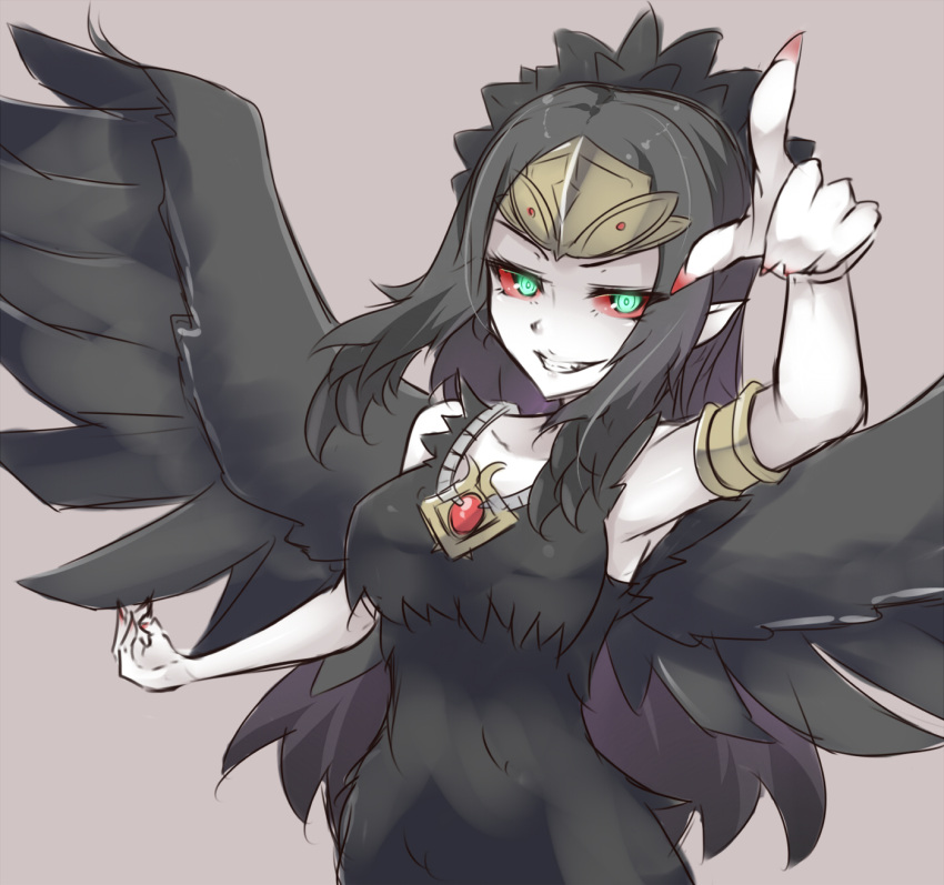 1girl armlet armpits black_hair black_wings breasts duel_monster fabled_grimro feathers fingernails green_eyes hair_ornament highres jewelry multicolored_eyes pale_skin pointing pointing_at_viewer pointy_ears red_sclera sharp_fingernails shintani_tsushiya smile solo wings yuu-gi-ou