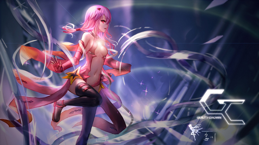 1girl bare_shoulders black_legwear breasts center_opening cleavage detached_sleeves elbow_gloves fingerless_gloves gloves guilty_crown hair_ornament hairclip highres long_hair looking_at_viewer navel open_mouth pink_hair red_eyes solo thigh-highs twintails wangchuan_de_quanyan yuzuriha_inori