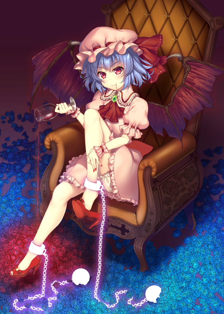 1girl alcohol bat_wings bent_knees bloomers blue_hair chain chair cuffs cup dress hat high_heels highres holding nail_polish no_socks raiou red_eyes remilia_scarlet shackles shoe_dangle short_hair sitting smile solo touhou underwear wine wine_glass wings wrist_cuffs