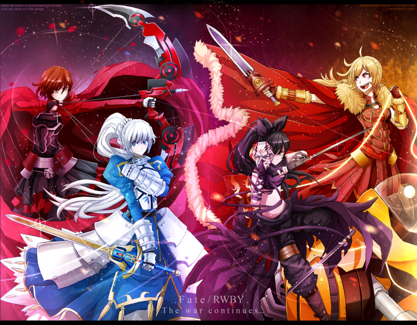 4girls archer archer_(cosplay) armor assassin_(fate/zero) assassin_(fate/zero)_(cosplay) black_hair blake_belladonna blonde_hair blue_eyes bow cape cosplay crossover dishwasher1910 fate/stay_night fate/zero fate_(series) gauntlets hair_bow highres long_hair mask multiple_girls ponytail rider_(fate/zero) rider_(fate/zero)_(cosplay) ruby_rose rwby saber saber_(cosplay) short_hair sword violet_eyes weapon weiss_schnee white_hair yang_xiao_long yellow_eyes