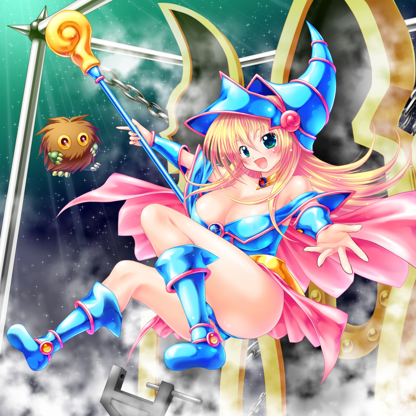 1girl bare_shoulders blonde_hair blue_boots blue_panties blush boots breasts capelet choker cleavage dark_magician_girl detached_sleeves duel_monster green_eyes hat highres kogarashi_(wind_of_winter) kuriboh large_breasts long_hair looking_at_viewer mist open_mouth panties reaching_out sky staff star_(sky) starry_sky thighs underwear wizard_hat yuu-gi-ou