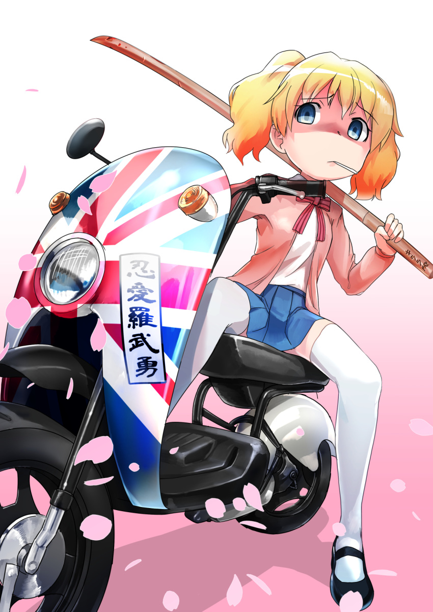 1girl alice_cartelet blonde_hair blue_eyes blue_skirt bokken bousouzoku commentary_request eroero884 highres kin-iro_mosaic mary_janes motor_vehicle motorcycle mouth_hold petals ribbon shaded_face shoes skirt solo sword thigh-highs translation_request twintails union_jack vehicle weapon white_legwear wooden_sword