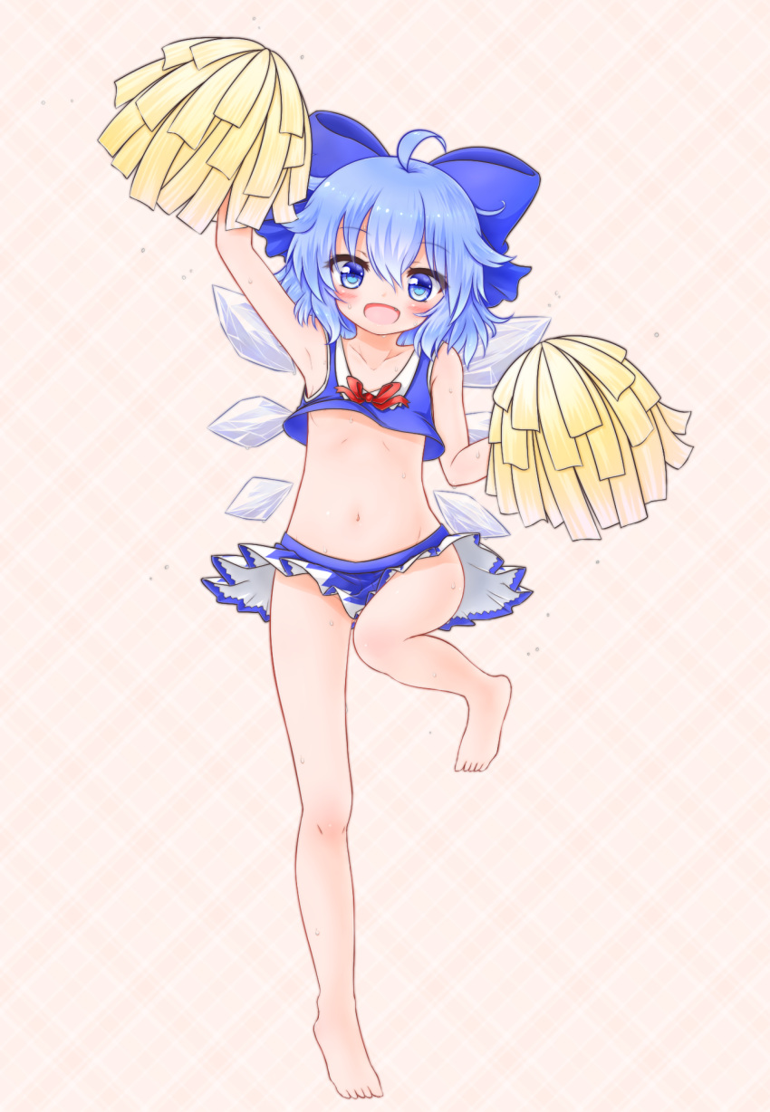 1girl ahoge arm_up armpits bare_arms bare_legs bare_shoulders barefoot blue_eyes blue_hair blush bow cheerleader cirno collarbone crop_top hair_bow highres midriff miniskirt mofu_mofu navel open_mouth pom_poms shirt skirt sleeveless sleeveless_shirt smile solo standing_on_one_leg sweat touhou
