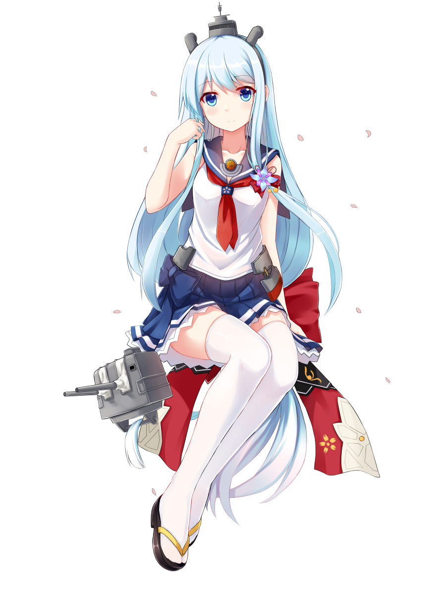 1girl absurdres allenes blue_eyes blue_hair breasts cannon collarbone full_body hair_tussle hairband hand_in_hair highres knees_touching light_smile long_hair looking_at_viewer mecha_musume miniskirt neckerchief petals pleated_skirt sandals school_uniform serafuku ship shirayuki_(warship_girls_r) short_sleeves simple_background sitting skirt small_breasts solo thigh-highs turret warship warship_girls warship_girls_r white_background white_legwear