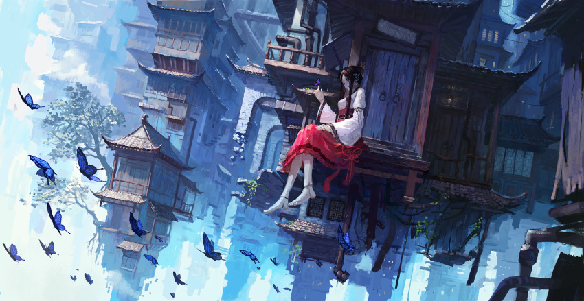 1girl android architecture blue_eyes butterfly doll_joints door east_asian_architecture floating hair_bun hair_ornament highres long_hair original payot profile robot scenery sitting solo surreal tree tuzki