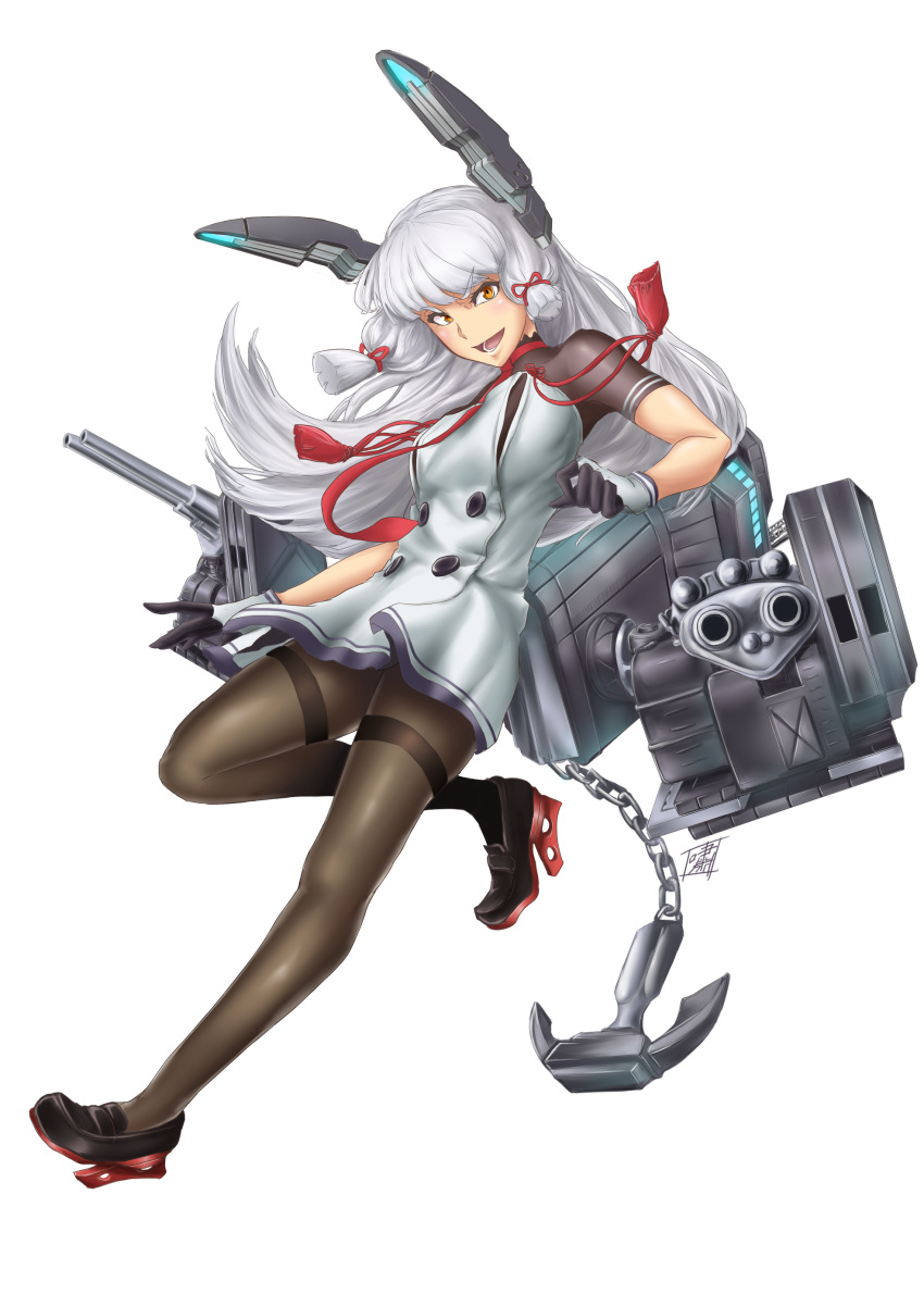 &gt;:d 1girl :d absurdres aiming_at_viewer anchor aqua_hair bangs black_legwear blunt_bangs brown_eyes clenched_hand full_body gloves headgear highres kantai_collection loafers long_hair looking_at_viewer machinery multicolored_gloves murakumo_(kantai_collection) necktie one_leg_raised open_mouth pantyhose payot remodel_(kantai_collection) shao_(newton) shoes simple_background smile solo thighband_pantyhose white_background