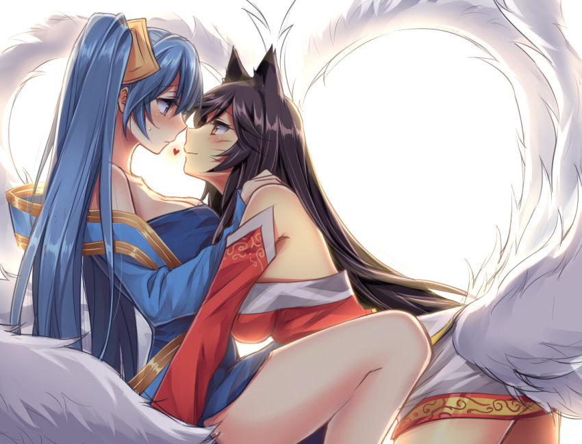 2girls ahri animal_ears black_hair blue_hair blush breasts eye_contact fox_ears heart heart_tail korean_clothes league_of_legends long_hair looking_at_another multiple_girls mylovelydevil sarashi sona_buvelle tail twintails whisker_markings yuri