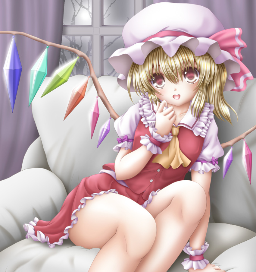 1girl akino_irori arm_support asymmetrical_hair asymmetrical_wings blonde_hair dress flandre_scarlet highres looking_at_viewer mob_cap open_mouth red_dress red_eyes short_dress short_hair side_ponytail sitting solo thighs touhou wings wrist_cuffs