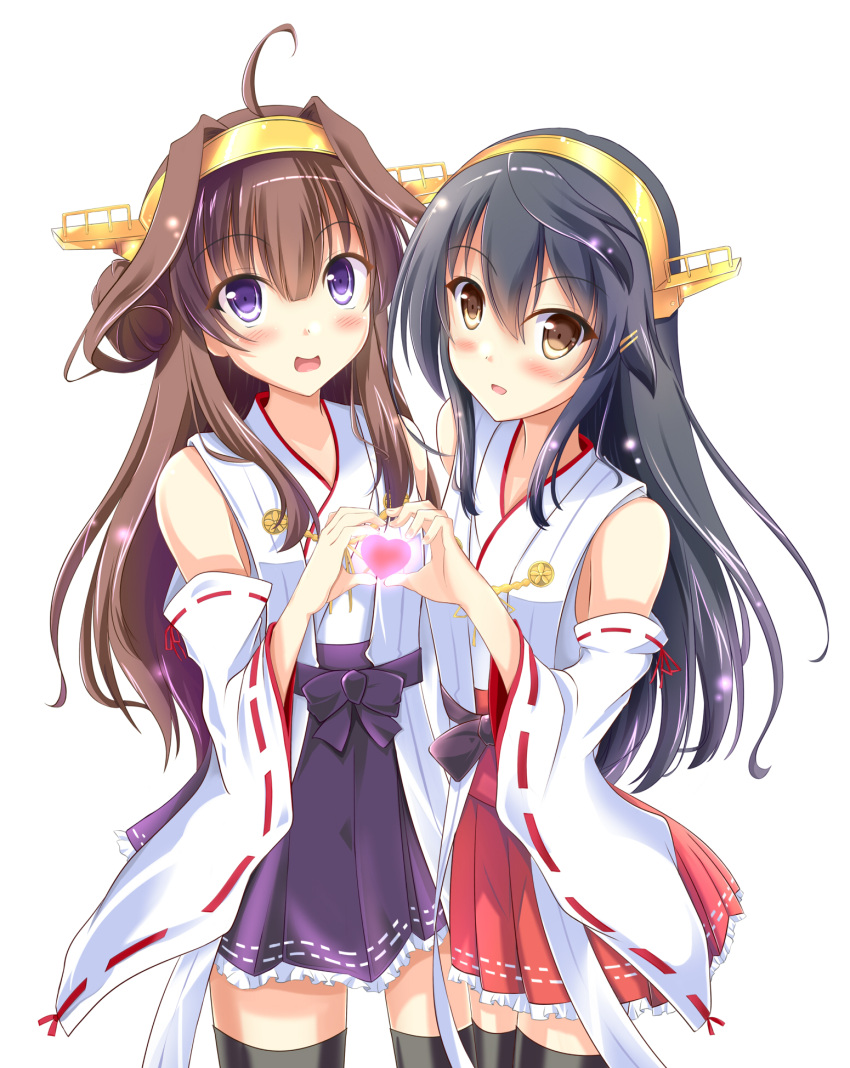 2girls ahoge bare_shoulders brown_eyes brown_hair cowboy_shot detached_sleeves double_bun frilled_skirt frills grey_hair hair_ornament hairband hairclip haruna_(kantai_collection) headgear heart heart_hands highres kantai_collection kongou_(kantai_collection) long_hair looking_at_viewer multiple_girls nontraditional_miko pleated_skirt purple_skirt radek_ken red_skirt ribbon-trimmed_legwear ribbon-trimmed_skirt ribbon_trim simple_background skirt thigh-highs violet_eyes white_background zettai_ryouiki