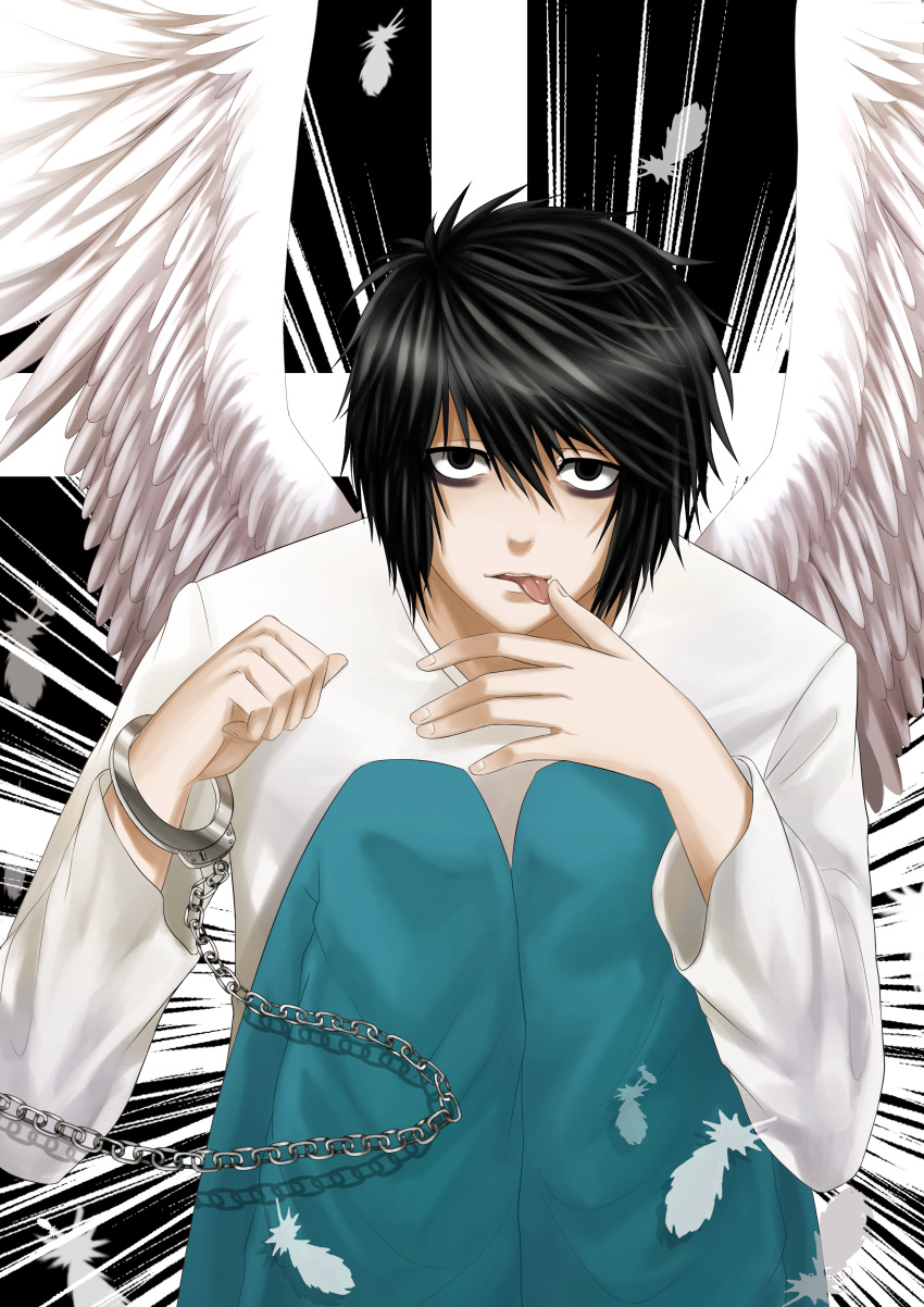 1boy absurdres black_eyes black_hair cuffs death_note feathered_wings feathers finger_licking handcuffs highres l_(death_note) licking looking_at_viewer male_focus shirt short_hair sitting solo upper_body white_shirt wings yoneyu