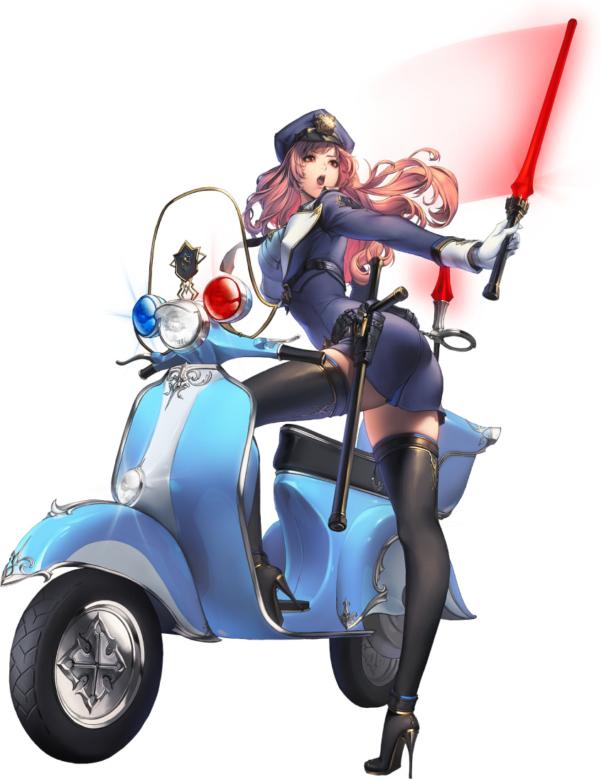 1girl alpha_transparency baton belt black_legwear brown_hair chaos_online cuffs edelyn gloves handcuffs hat high_heels highres holding long_hair love_cacao moped necktie official_art open_mouth police police_hat police_uniform red_eyes simple_background solo stiletto_heels thigh-highs translated transparent_background uniform white_gloves zettai_ryouiki