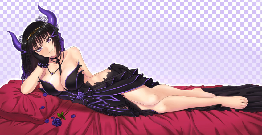 1girl bare_legs barefoot black_hair breasts choker circlet cleavage dress flower gloves hair_ribbon highres horns jewelry large_breasts lying necklace on_side petals ribbon rinkou_no_lemuria rockmanwjh rose shion_(lemuria) solo violet_eyes