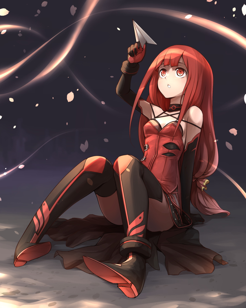 1girl absurdres arm_support arm_up bangs bare_shoulders black_gloves black_legwear blunt_bangs boots breasts cherry_blossoms cleavage dress elbow_gloves elesis elsword full_body gloves highres leaning_back long_hair nishino_(waero) paper_airplane petals red_dress red_eyes redhead sitting solo thigh-highs thigh_boots