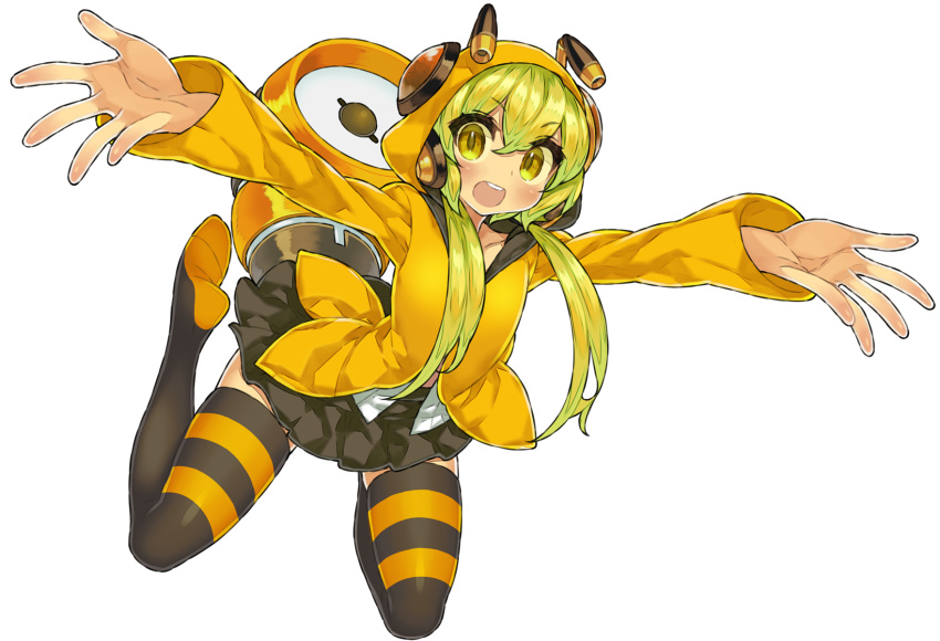 animal_costume antenna_hair blonde_hair flying green_hair headphones highres hooded_jacket itsumo_nokoru looking_at_viewer miniskirt outstretched_arms simple_background skirt speaker spread_arms striped striped_legwear thigh-highs transparent_background yellow_eyes