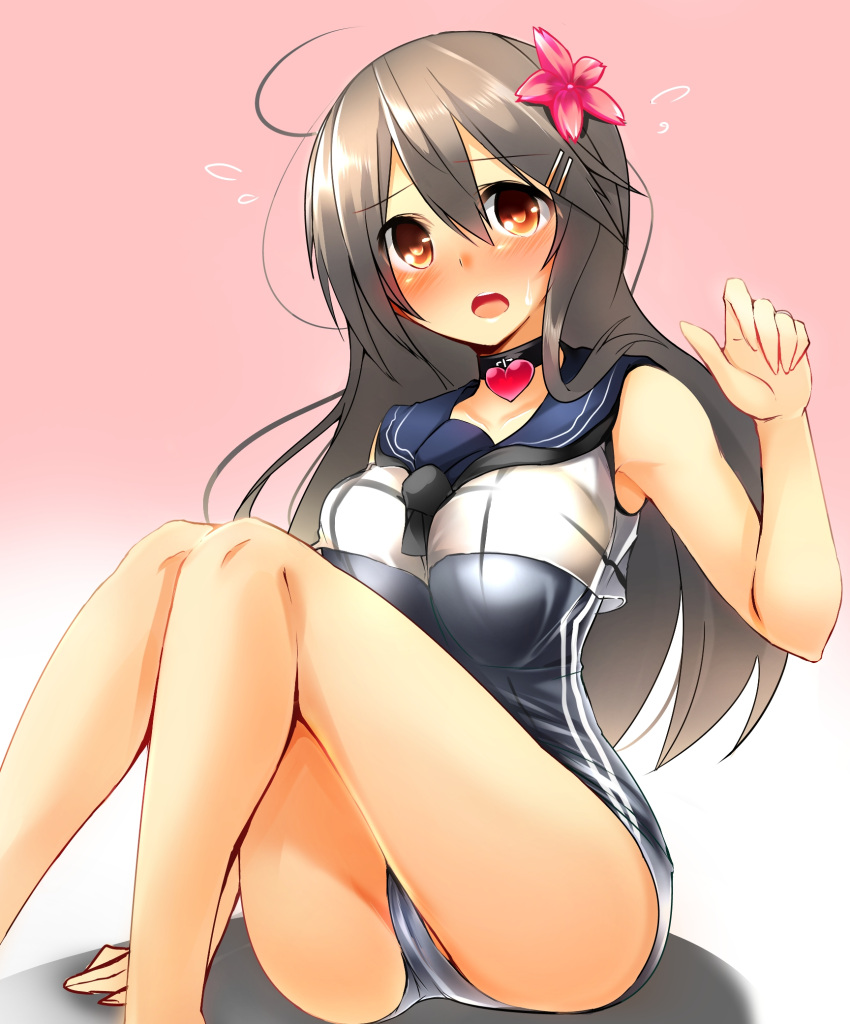 1girl ahoge black_hair blush breasts brown_eyes collarbone cosplay crop_top flower flying_sweatdrops gradient gradient_background hair_flower hair_ornament hairclip haruna_(kantai_collection) heart heart_necklace highres kantai_collection knees_together_feet_apart long_hair looking_at_viewer neckerchief open_mouth pink_background ro-500_(kantai_collection) ro-500_(kantai_collection)_(cosplay) sailor_collar school_swimsuit school_uniform serafuku sitting sleeveless solo swimsuit swimsuit_under_clothes tsukui_kachou