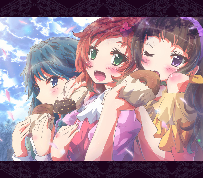 1girl 3girls amanogawa_kirara bag blue_eyes blue_hair brown_hair earrings eating go!_princess_precure green_eyes haruno_haruka highres inoshishi_(ikatomo) jewelry kaidou_minami long_hair multiple_girls one_eye_closed open_mouth pastry precure redhead smile star star_earrings violet_eyes