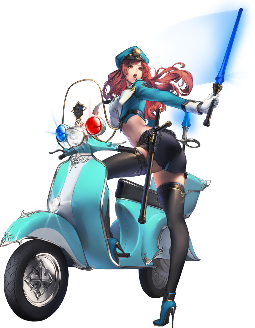 1girl alpha_transparency baton belt black_legwear brown_hair chaos_online cuffs edelyn gloves handcuffs hat high_heels highres holding long_hair love_cacao midriff miniskirt moped navel necktie official_art open_mouth police police_hat police_uniform red_eyes simple_background skirt solo stiletto_heels thigh-highs translated transparent_background uniform white_gloves zettai_ryouiki